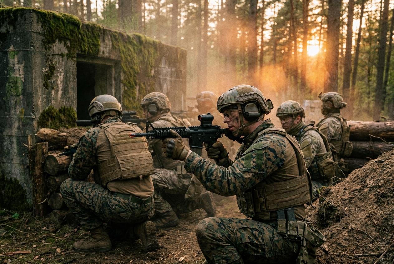 Joueur airsoft en tenue sombre progressant dans un couloir étroit, réplique épaulée.