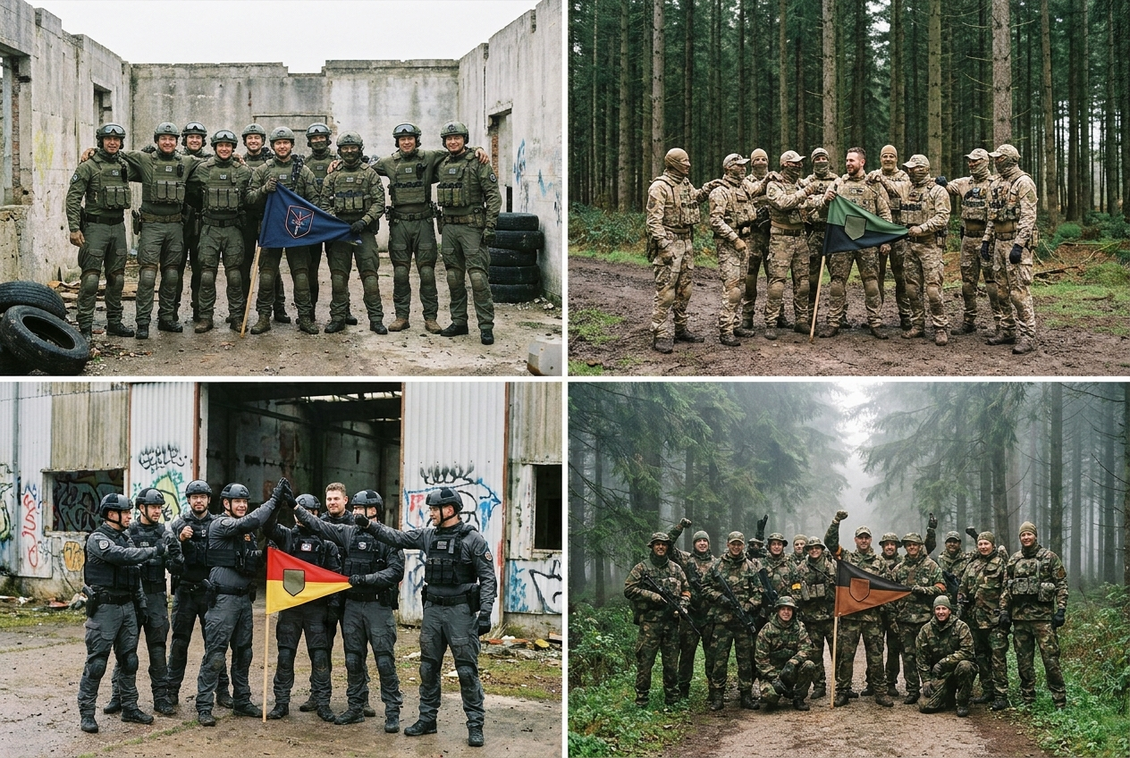 Groupe de joueurs d'airsoft en tenue camouflage posant après une partie sur terrain boisé.
