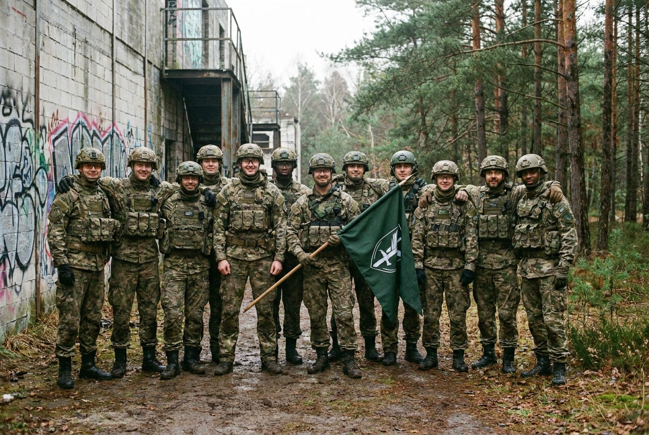 Équipe d'airsoft agenouillée en formation, un joueur pointant une direction, briefing terrain.