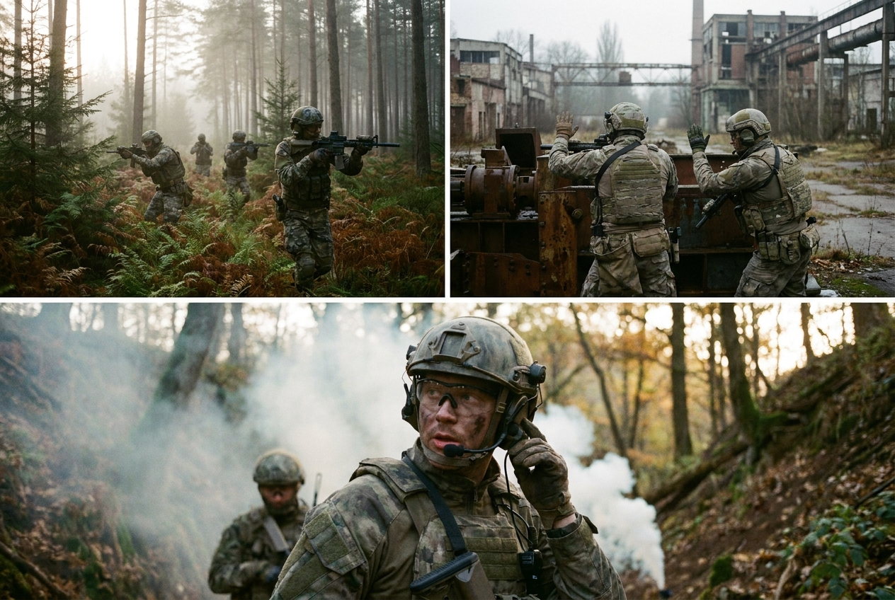 Joueurs d'airsoft en progression tactique sur un terrain ouvert, poussière et mouvement.