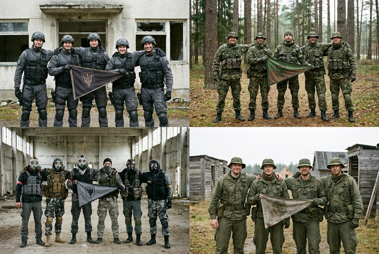 Groupe de joueurs d'airsoft en tenue coordonnée, un tireur en position allongée au premier plan.