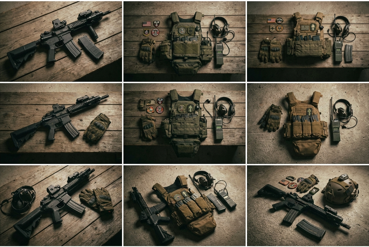 Tenue d'airsoft aux tons sombres et mats disposée à plat, sans équipement brillant.