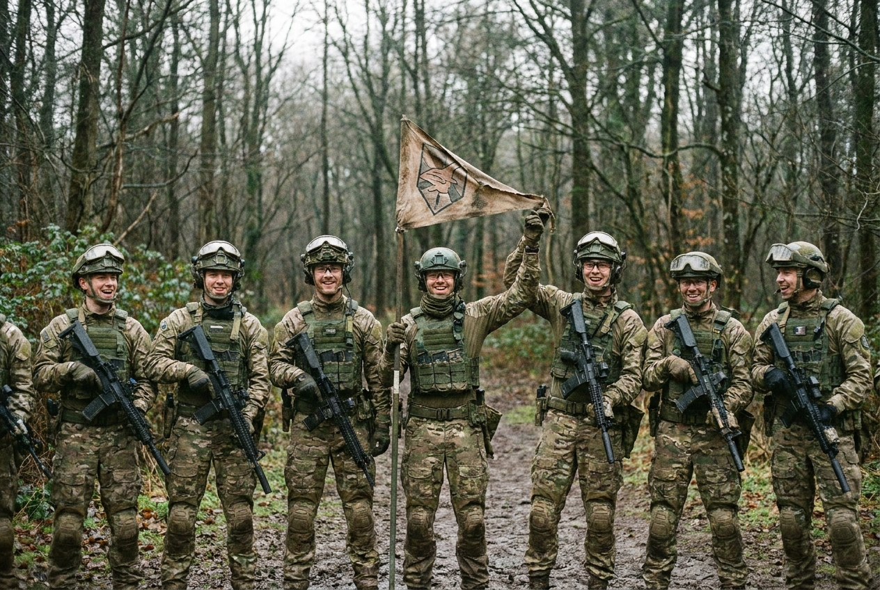 Groupe de joueurs d'airsoft souriants après une partie, tenues variées, ambiance conviviale.