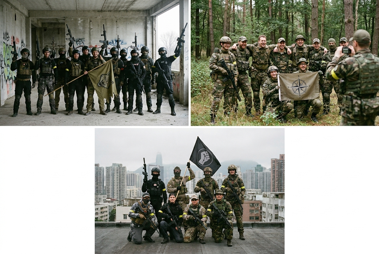 Deux joueurs d'airsoft dont l'un porte un brassard médical, agenouillés près d'un troisième.